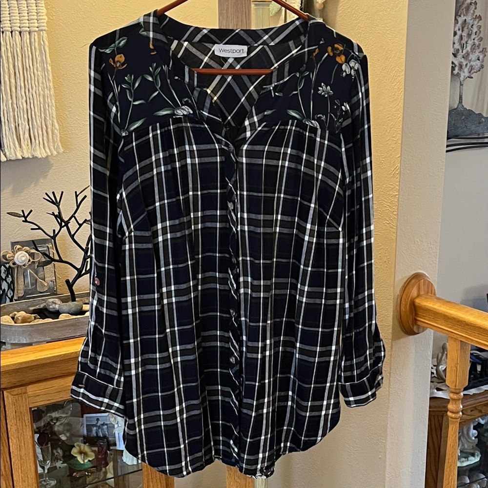 Westport Women's Navy Plaid Button Down Shirt